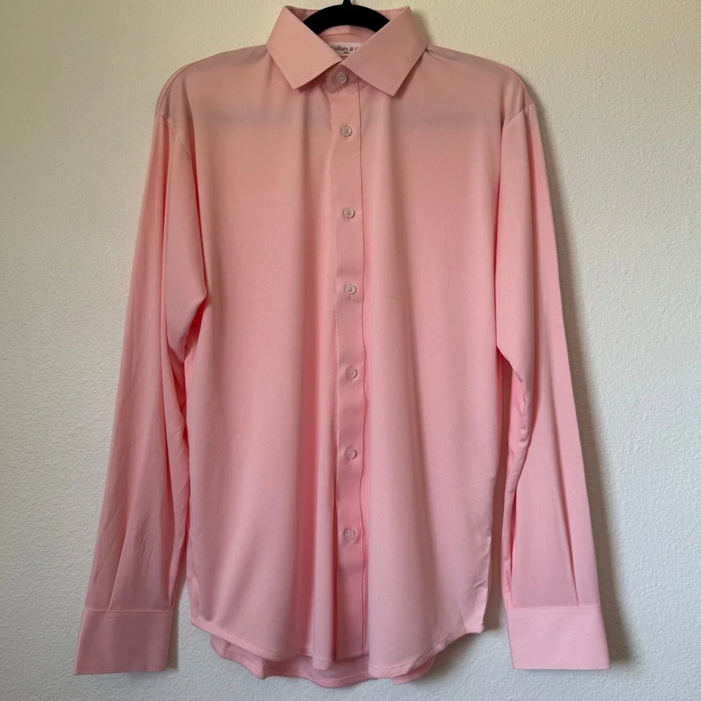 Collars & Co Mens Dress Collar Polo Shirt Pink Long Sleeve Button Down Small